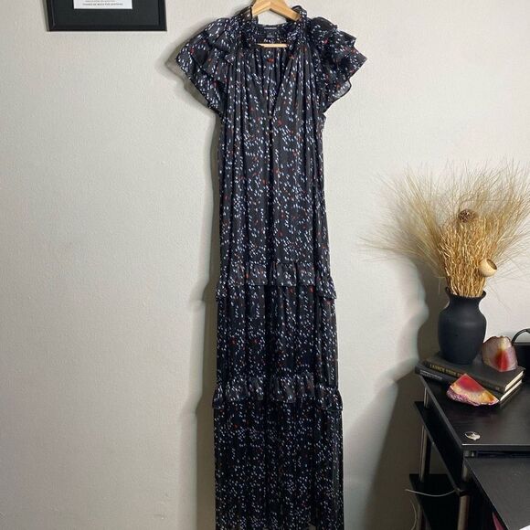 Sabina Musayev Dress Gwen Maxi Flutter Sleeve Black Dotted Maxi Size M - Picture 2 of 13